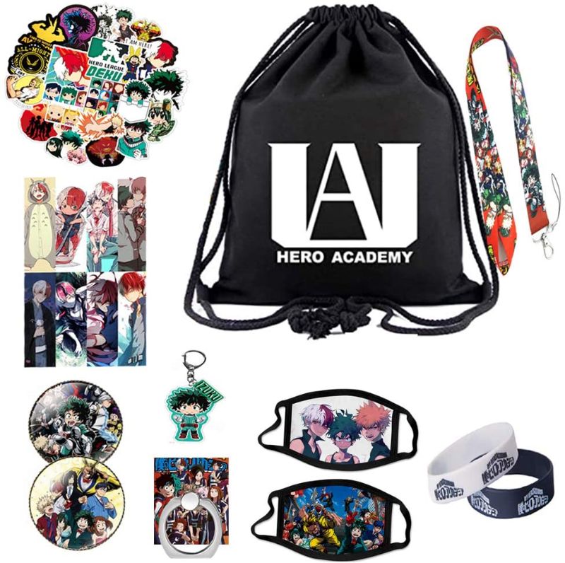 Photo 1 of My Hero Academia Gift Set - 100PCS Cartoon Stickers/1 Drawstring Bag Backpack/2 Face Mask/8PCS Bookmark/2 Bracelet/1 Keychain/ 2 Button Pins/1 Phone Ring Holder/1 Necklace Lanyard for Anime MHA Fans
