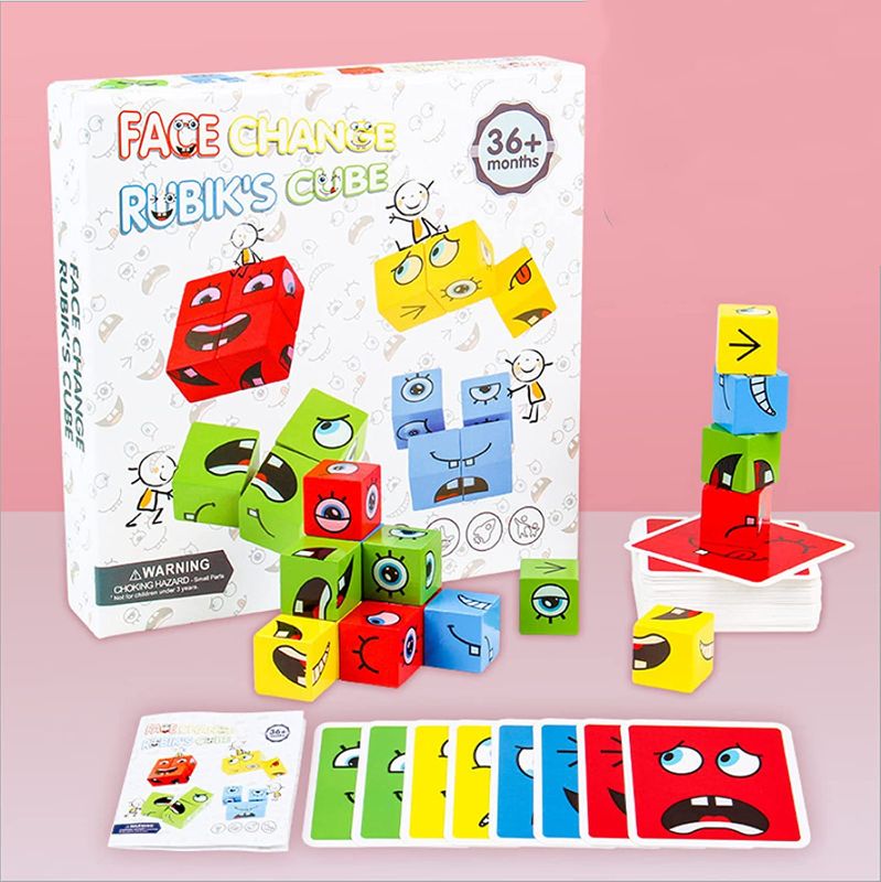 Photo 1 of Expression Puzzle Building Cubes Wooden Face-Changing Magic Cube Building Blocks Matching Game Logical Thinking Training Brain Toy Borad Games Educational Montessori Toys