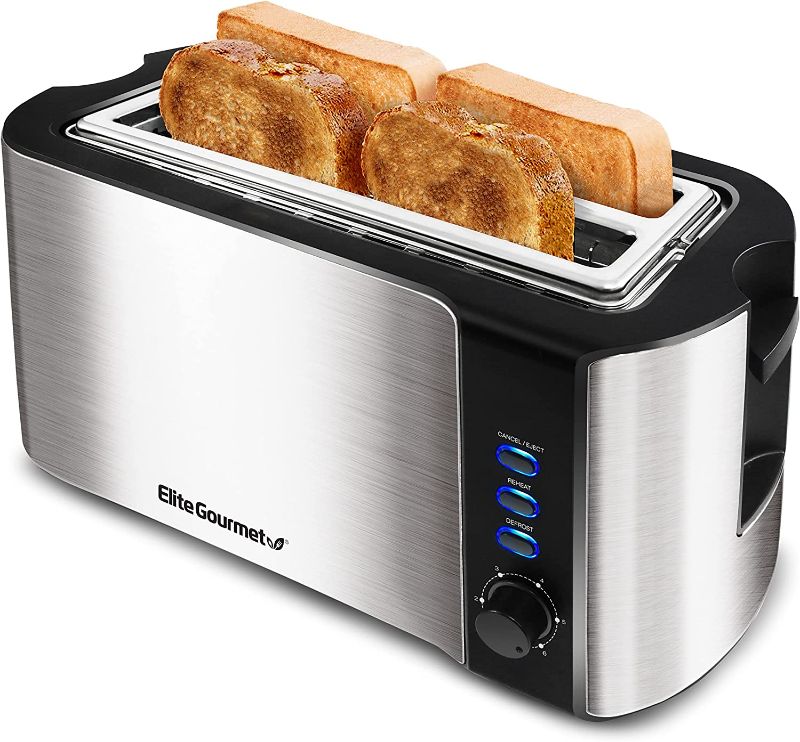 Photo 1 of Elite Gourmet by Maxi-Matic ECT-3100 Long Slot Toaster, Reheat, 6 Toast Settings, Defrost, Cancel Functions, Slide Out Crumb Tray, Extra Wide Slots for Bagels Waffles, 4 Slice, Stainless Steel & Black