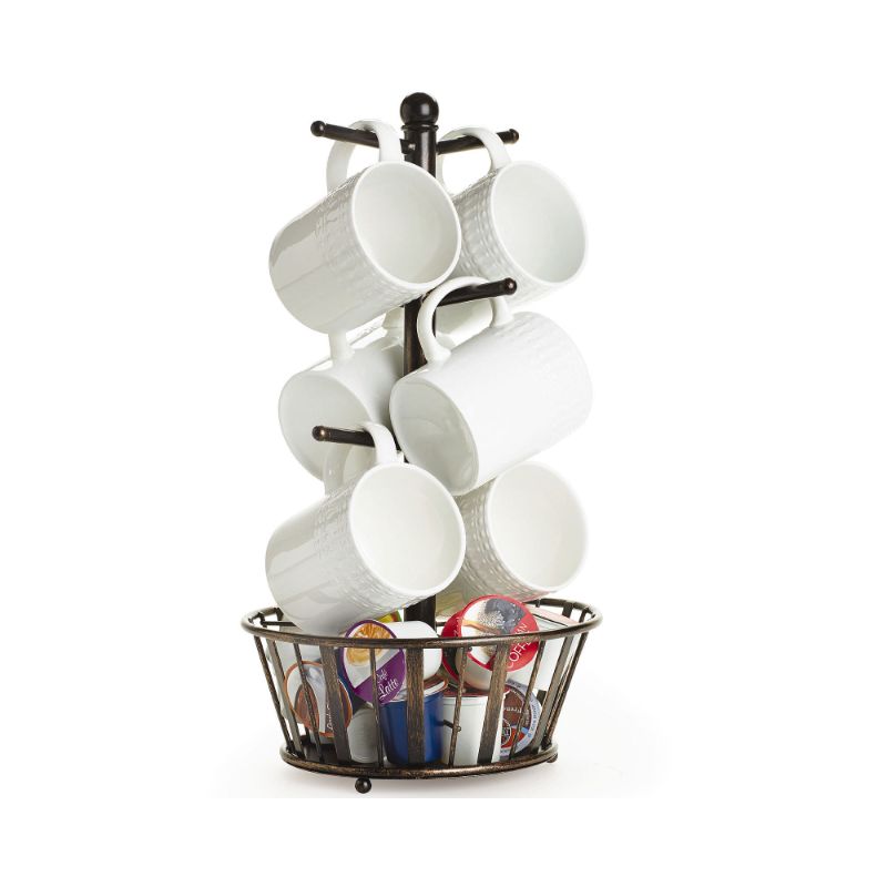 Photo 1 of Gourmet Basics by Mikasa Band and Stripe Metal 6-Cup Mug Tree with Storage Basket, Black