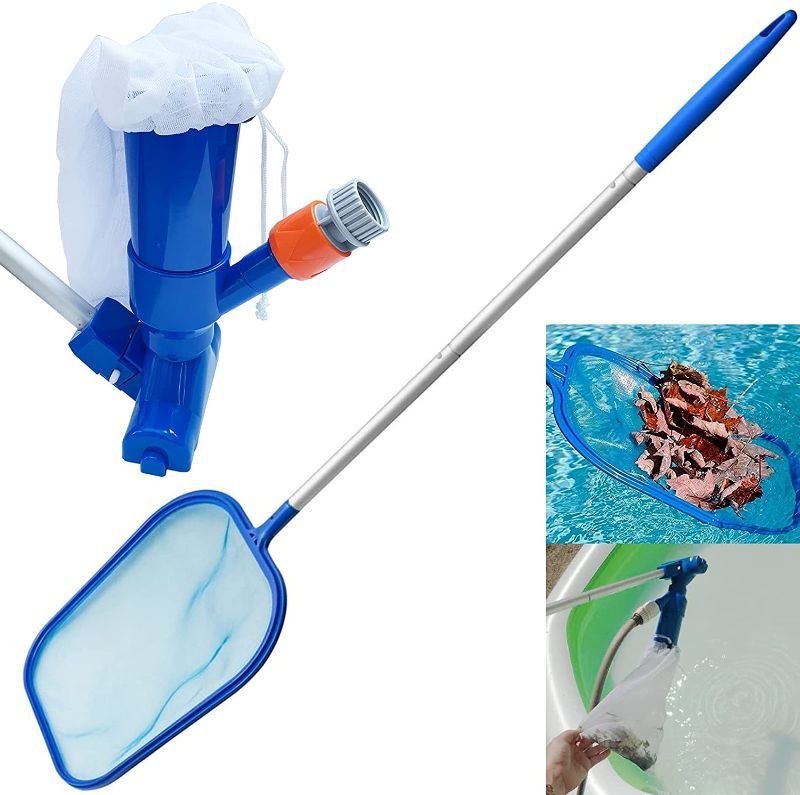 Photo 1 of DSHE Swimming Pool Vacuum Head Kit with A Filter Bag, Pool Skimmer Net and Detachable Aluminum Poles for Ground Swimming Pools, Spa, Pond, Hot Tub Cleaning Supplies and Accessories
