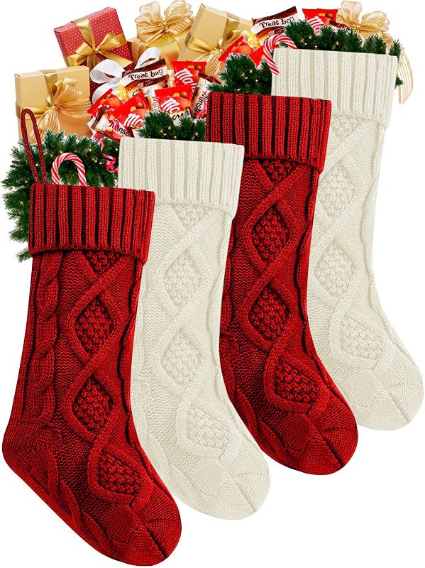 Photo 1 of Al Faro Home Red and White Christmas Stockings Set of 4, 18 in Large Cable Knitted Stockings for Xmas Tree, Fireplace, Stairs, and Home Decoration, Ivory, Burgundy, set of 4, xsSocks1
