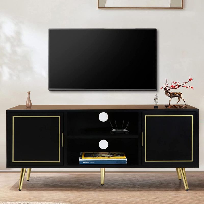 Photo 1 of Anmytek Modern Farmhouse TV Stand for TV's up to 50+ Inches with 2 Cabinet Doors, Media Entertainment Center Console Table, Shiny Brass & Soft Black Finish, H0043
