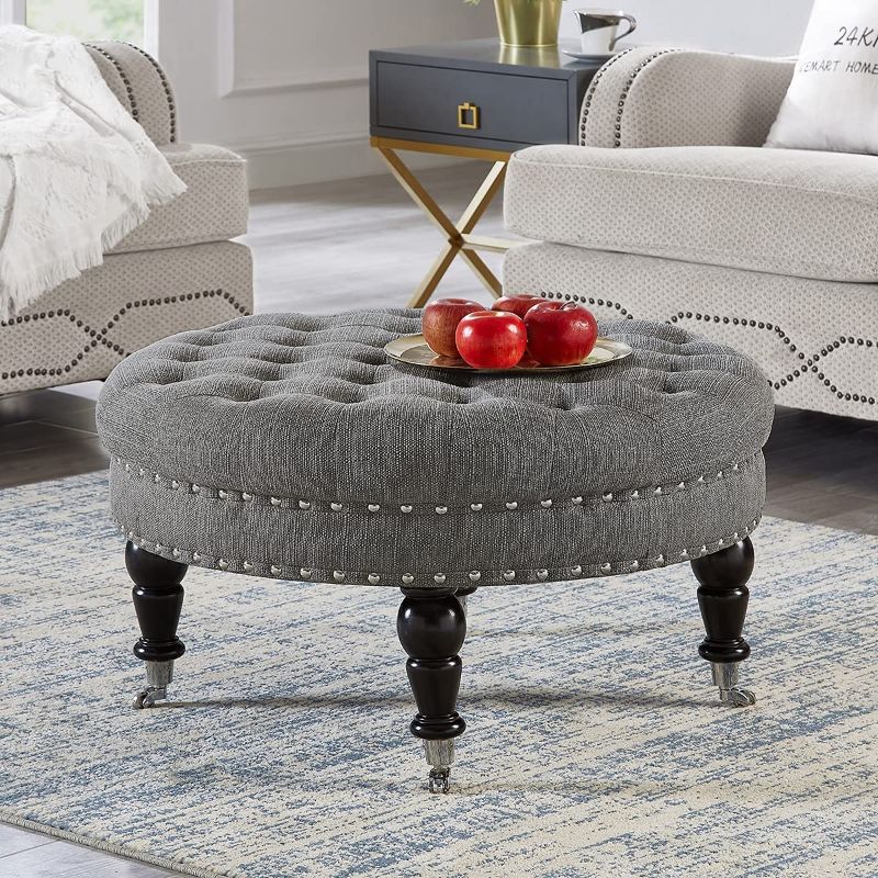 Photo 1 of 24KF Large Round Upholstered Tufted Button Linen Ottoman Coffee Table , Large Footrest with Caters Rolling Wheels-Granite
