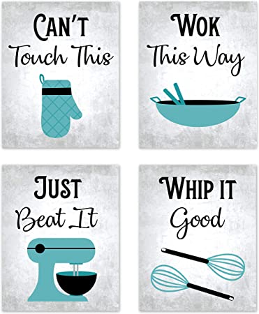 Photo 1 of 80s Music Songs Retro Vintage Inspirational Kitchen Wall Art Dining Room Cafe and Restaurant Decor Turquoise Teal Blue Black Gray and White Baking Prints Posters Signs Sets Retro Home Decorations Funny Sayings Quotes Unframed (Set of 4) 8”x10”
