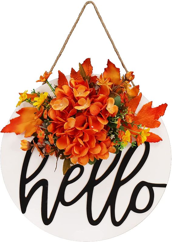 Photo 1 of Fall Wreaths Maple Leaf Autumn Wreath for Front Door, Artificial Flowers Hydrangea Garland Hello Welcome Sign Door Wreath Rustic Fall Decor-170
