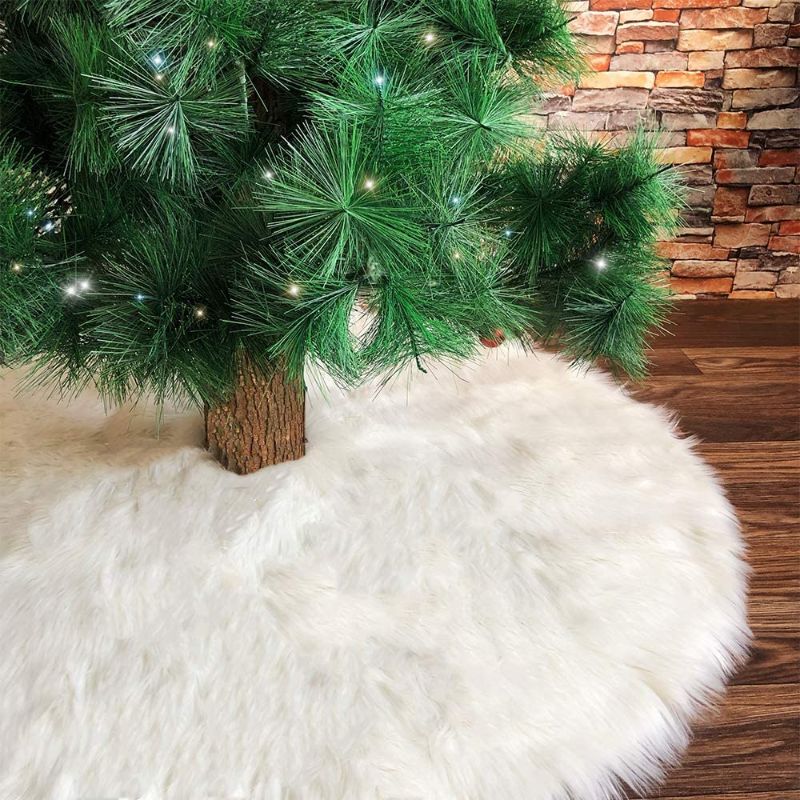 Photo 1 of 48 Inch Christmas Tree Skirt White Tree Skirt for Christmas Decorations, Faux Fur Xmas Tree Skirt for Merry Christmas Party with Christmas Tree Ornaments