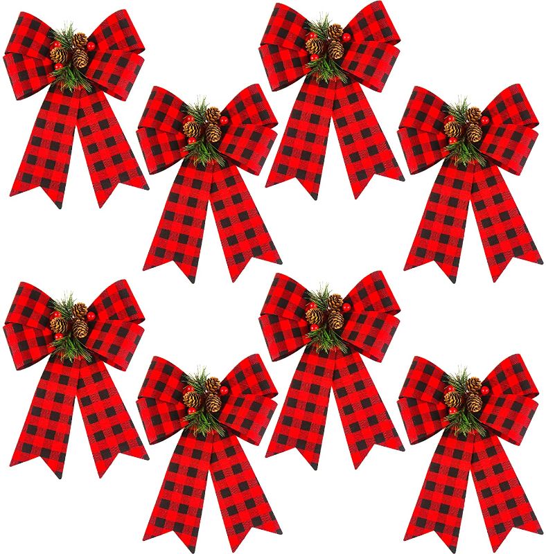 Photo 1 of 8 Pack 12 Inch Christmas Red Buffalo Plaid Bows Christmas Tree Bow with Pinecones Needles Christmas Wreath Bow for Christmas Decoration (Red)