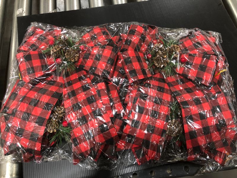 Photo 2 of 8 Pack 12 Inch Christmas Red Buffalo Plaid Bows Christmas Tree Bow with Pinecones Needles Christmas Wreath Bow for Christmas Decoration (Red)