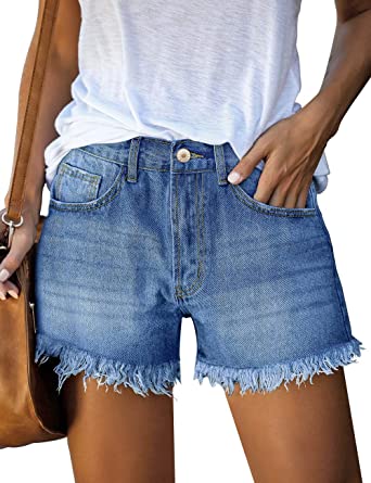 Photo 1 of LUYEESS Women's High Rise Frayed Jean Shorts Distressed Raw Hem Ripped Destroyed Denim Shorts