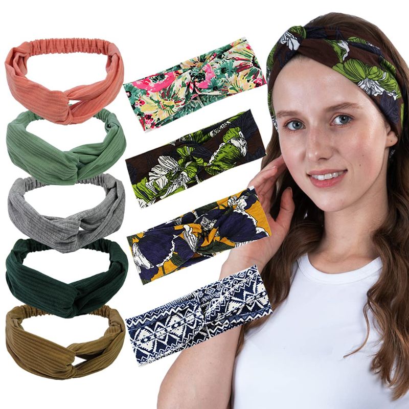 Photo 1 of Boho Headbands for Women Girls, Elastic Thick Twisted Headbands Turban Headwraps, Criss Cross Knotted Headbands Wide Hair Bands for Women's Hair, Bohemian Floal Hair Wraps Cute Hair Accessories for Women (5 solid headbands + 4 boho headwraps)