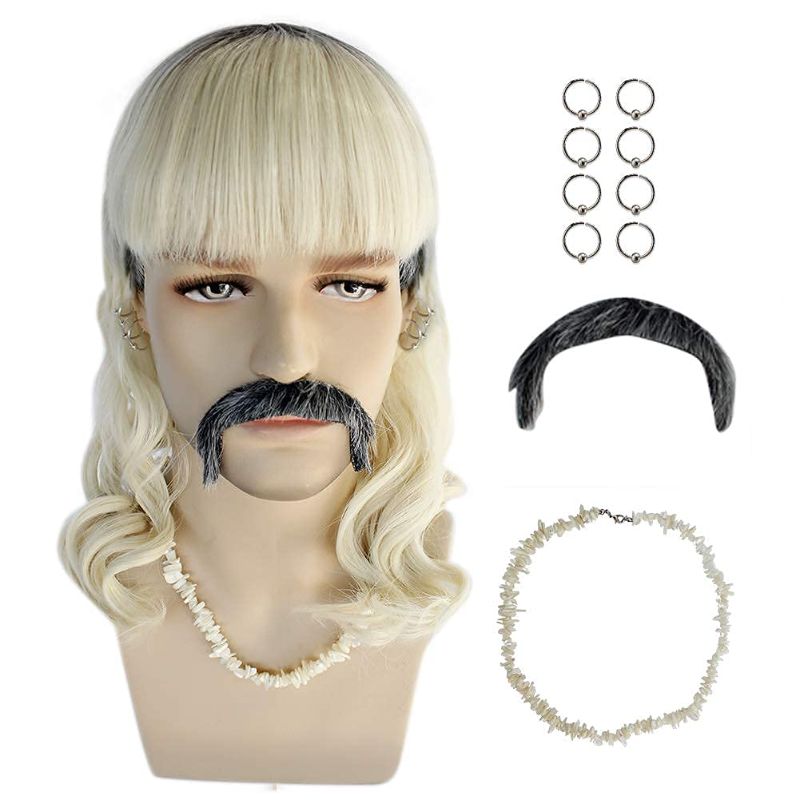 Photo 1 of IMEYLE Wig?8Earrings-Mustache-1Necklace?70s 80s Rocker Mullet Wig for Men Long Curly Black Root Blonde Hair Costume Cosplay Wig for Party + Wig Cap