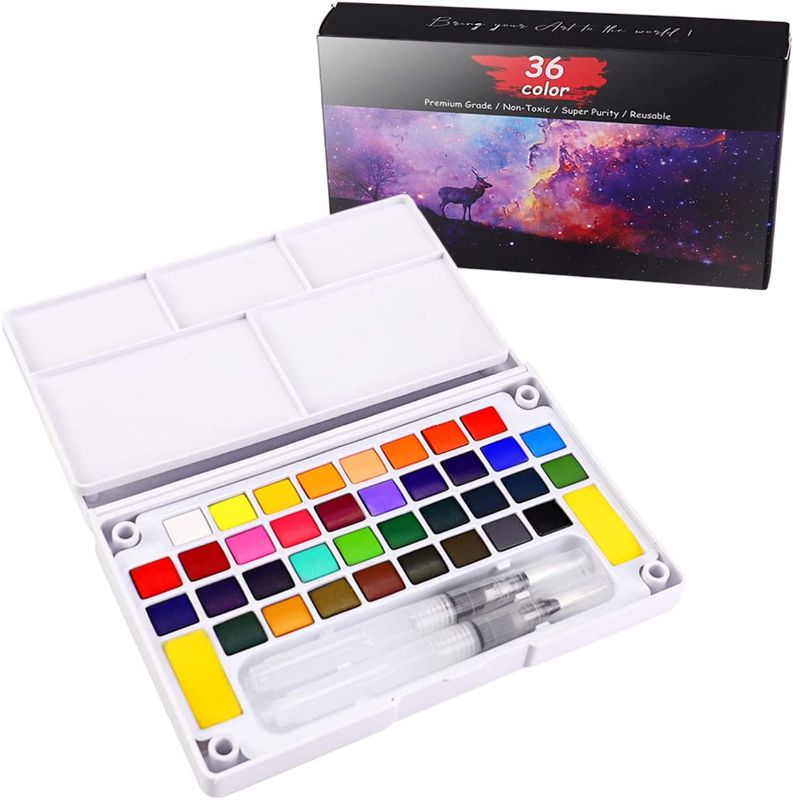 Photo 1 of 36 Colors Watercolor Paint Set Kids, Student Watercolor Paint Gifts for Adults, Teenagers, and Kids, Art Supplies with 2 Watercolor Paint Brush Pens, Palette, and Storage Case FACTORY SEALED