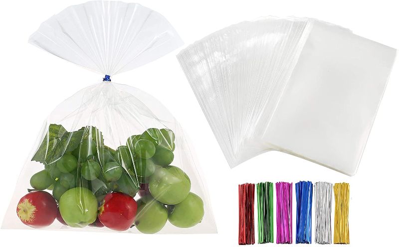 Photo 1 of 400Pack 8" x 10" Thick Clear Cello Treat Bags Durable Plastic Cellophane Bag with Ties Packing Bakery Popcorn Cookies Candies Dessert Treat Poly Bags