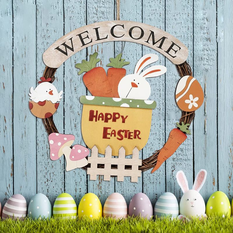 Photo 1 of Super Holiday Easter Decorations, Welcome Happy Sign Wreaths Hanging Ornaments for Front Door, for Farmhouse Home Wall Porch Decor, Gift Supplies.