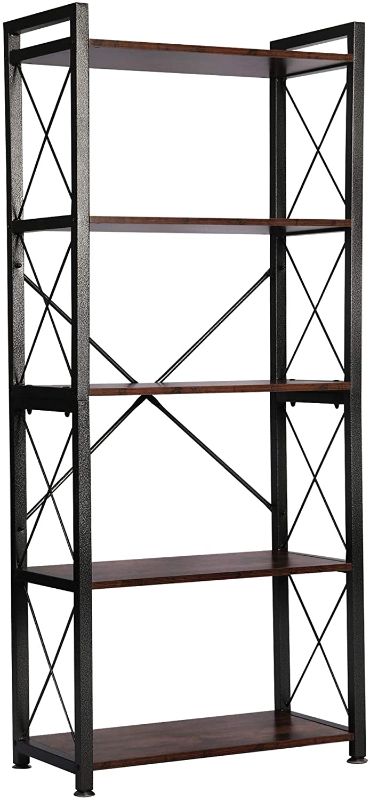 Photo 1 of 5 Tier Industrial Bookshelf Vintage Bookcase Shelf Organizer Rustic Wood and Metal Storage Rack for Home, Office, Garage, Kitchen, Living Room - Rustic Brown