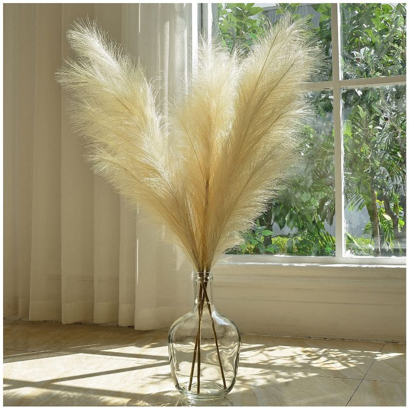 Photo 1 of Faux Pampas Grass, Extra Large Fluffy and Non-Shedding, 3 Pcs 43'' Tall Artificial Fake Flower, Vase Filler, Living Room Home Kitchen and Wedding Decor (Cream)