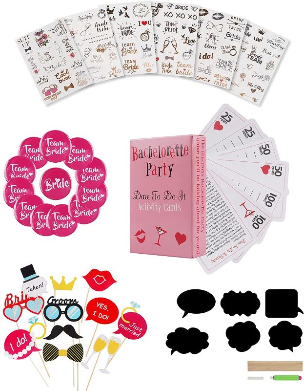 Photo 1 of 40 Pcs Bachelorette Party Photo Props & Game Kit, Dare to do it cards, Badges, Tattoos, Bridal Shower Decorations, Bride To Be Decorations Games