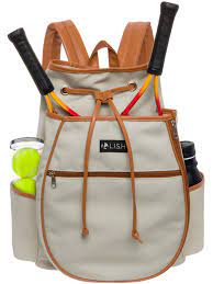 Photo 1 of LISH Match Point Canvas Tennis Racket Fashion Backpack - Solid Drawstring Racquet Holder Bag, TAN