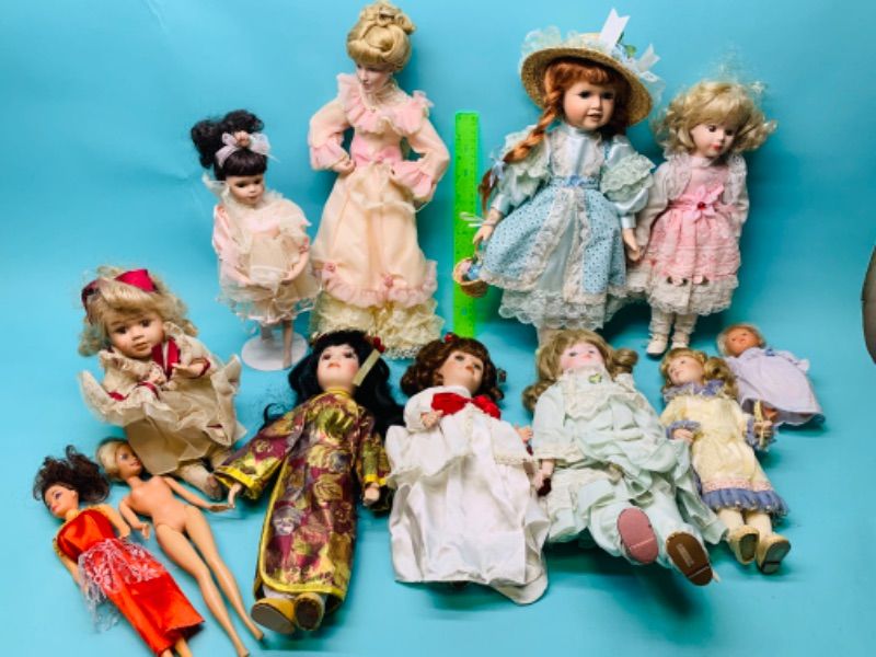 Photo 1 of 12 VINTAGE DOLLS- MOST PORCELAIN - ONE IS WIND UP