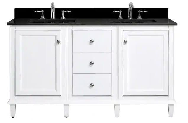 Photo 1 of Home Decorators Collection Riverpine 61 in. W x 22 in. D Bath Vanity in White with Granite Vanity Top in Black with White Sinks
