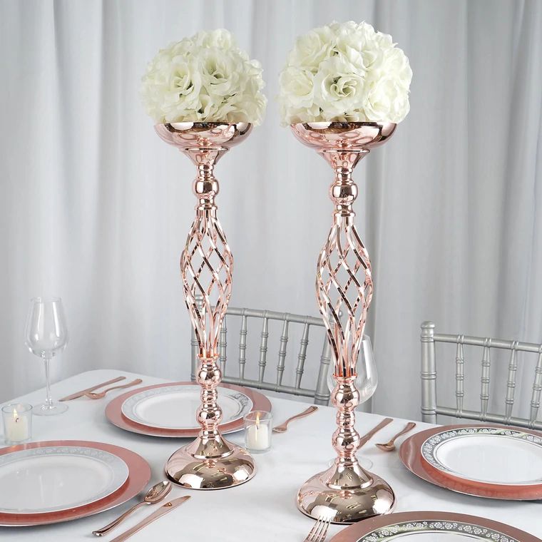 Photo 1 of 2 Pack | 23" Blush/Rose Gold Reversible Votive Candle Holder Set Flower Ball Pedestal Stand