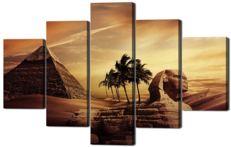 Photo 1 of Ancient Egypt Mystery Extra Large Painting on Canvas Wall Art Modern Pyramid Secrets Sphinx Home Decor Post and prints for living room Pictures 5 Panel HD printed Framed Ready to Hang(60''Wx40''H)
