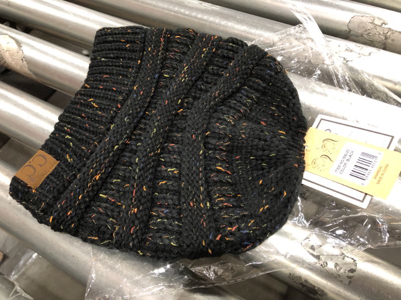 Photo 2 of CC C.C Messy Bun Ponytail Beanie Black Confetti Soft Stretch Knit Skully Hat
