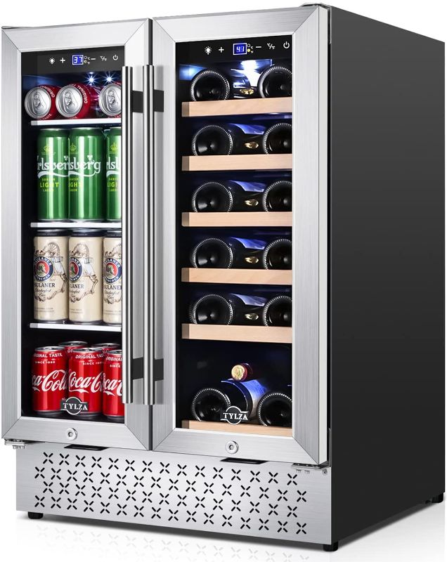 Photo 1 of Wine and Beverage Refrigerator, 24 Inch Built-In Dual Zone Wine and Beverage Cooler, Freestanding French Door Drink Fridge, Wine Beer Cooler Under Counter Refrigerator with Memory Temperature Control