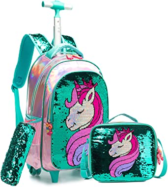 Photo 1 of  3Pcs Rolling Backpack for Girls with Lunch Bag Pencil Case School Bags Wheeled Backpack