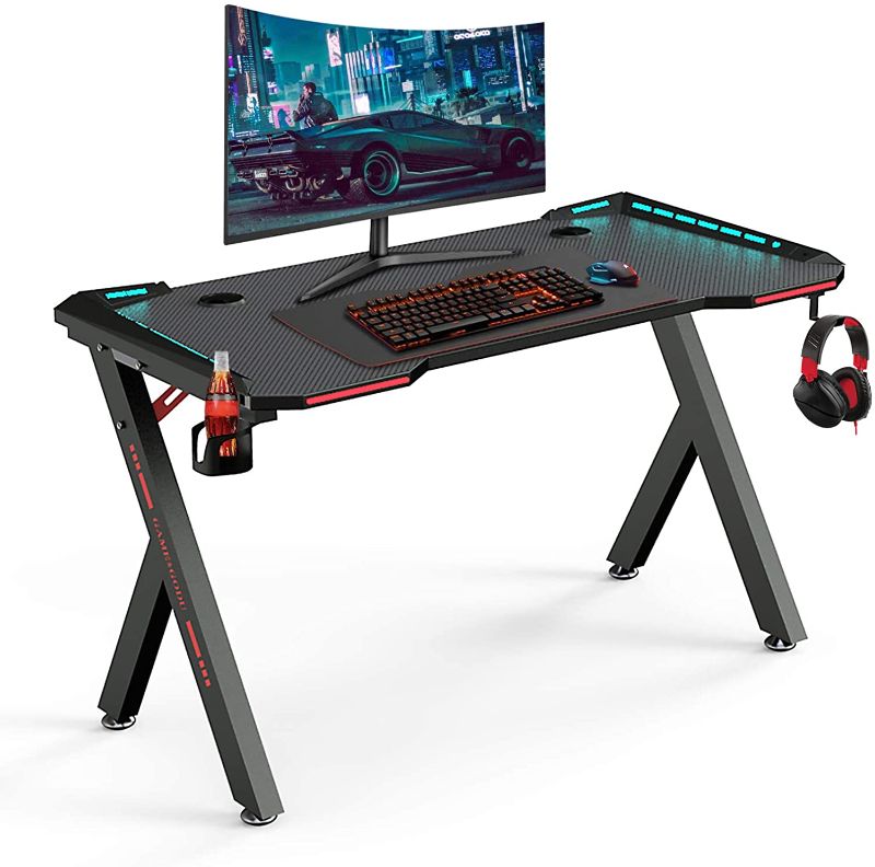 Photo 1 of 55 Inch Gaming Desk with Led Lights, PC Gaming Table Computer Workstation with LED RGB Lights, Headphone Hook and Cup Holder for Home, Black
