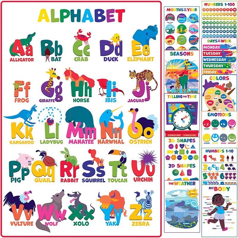 Photo 1 of Youngever 12 Pack Laminated Educational Preschool Posters for Toddlers and Kids, Learning Posters, Classroom Posters, Teaching Posters, Alphabet ABC Posters (22 x 17 inch)

