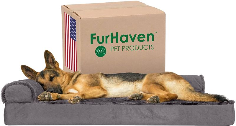 Photo 1 of Furhaven Pet Bed for Dogs and Cats - Plush and Velvet L-Shaped Chaise Egg Crate Orthopedic Dog Bed, Removable Machine Washable Cover - Platinum Gray, Jumbo (X-Large)
