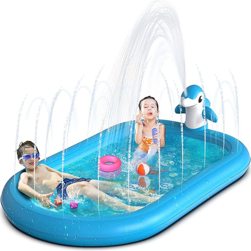 Photo 1 of OEVES Inflatable Splash Pad Water Sprinkler Pool for Kids Toddlers Outdoor Play ,3-in-1 Upgraded Outside Water Toys for Baby ,Play Mat for 2 -12 Year Old Girls Boys,68x43in Wading Pool, Dolphin
