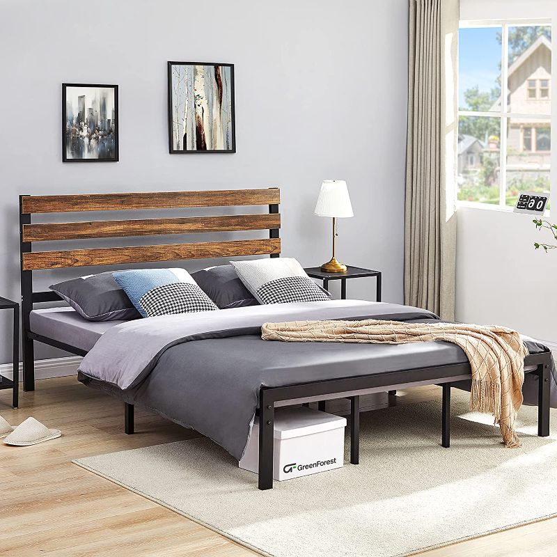 Photo 1 of GreenForest Bed Frame Queen Size with Wooden Headboard Platform Bed with Metal Support Slats NO- Noise Heavy Duty Bed Industrial Country Style with 10 Strong Legs No Need Box Spring, Queen
