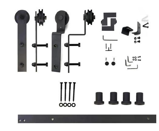 Photo 1 of 5 ft./60 in. Black Rustic Single Track Bypass Sliding Barn Door Hardware Kit Straight Design Roller for Double Doors