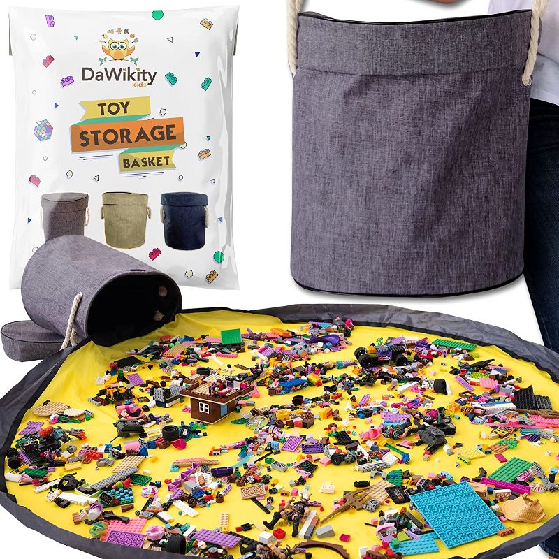 Photo 1 of Toy Storage Basket and Play Mat - Building Bricks Toy Storage Organizer - Tidy with Ease - Toy Blocks Mat Storage Bag - Collapsible XL Kids Canvas Bag/Bin - Drawstring Playmat Boy/Girls-15"x14”(GREY)
