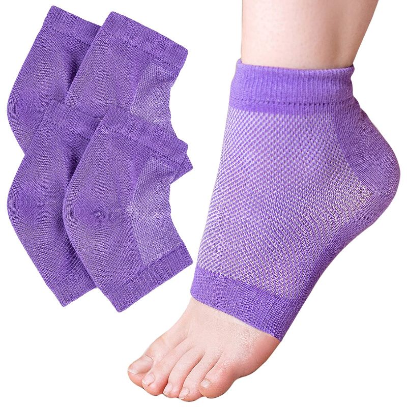 Photo 1 of Moisturizing Heel Socks Overnight Cracked Heels While You Sleep 2 Pairs Gel Lined Skin Softening Footcare Treatment for Dry Hard or Cracked Heels Day Night Spa Socks (Purple)
