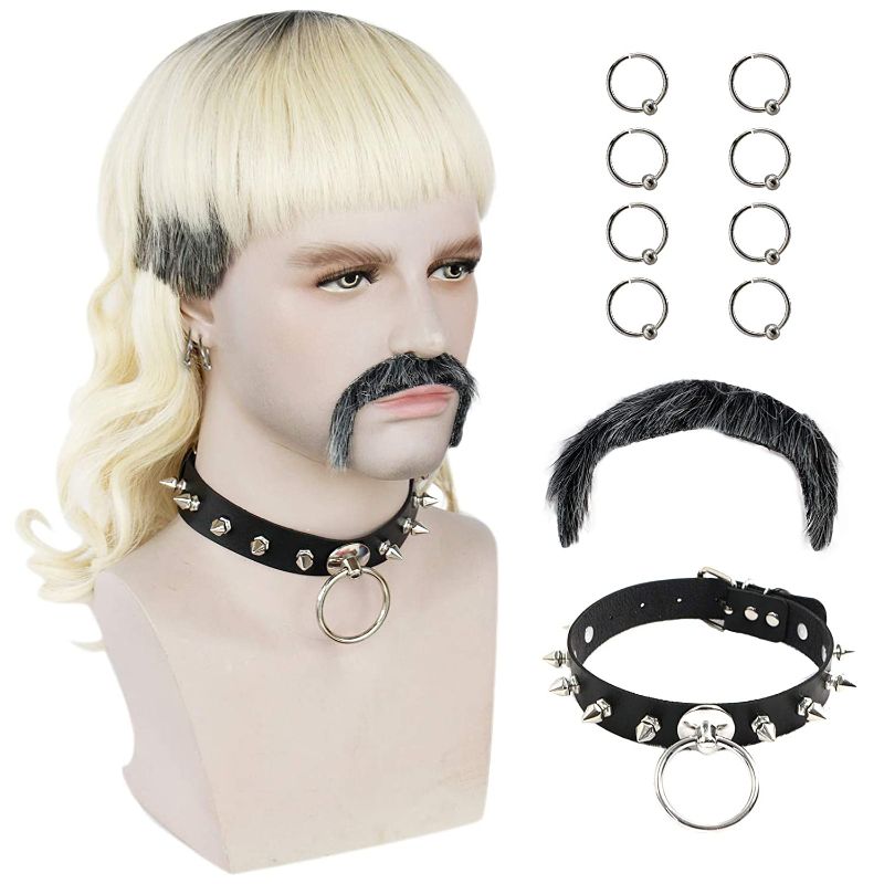 Photo 1 of Anogol Wig + { 8 Earrings + 1 Black Choker +1 Mustache }Synthetic 70s Wig for Men with Bangs Black Mix Blonde Wig for Men Wavy Wigs
