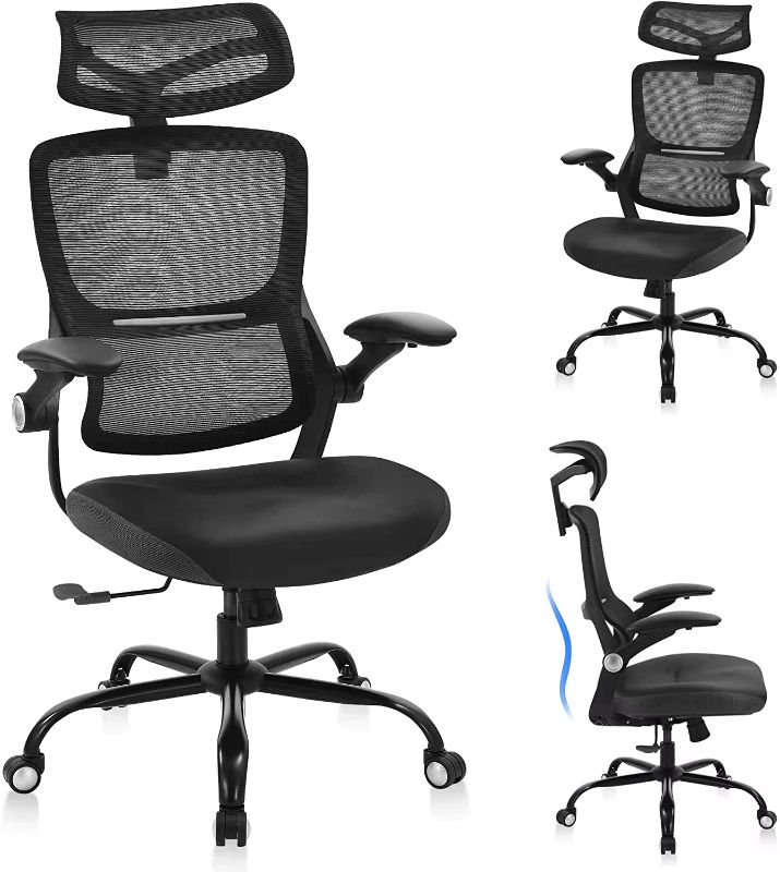 Photo 1 of Office Chair Ergonomic Desk Chair - Leather Cushion Mesh High Back with Lumbar Support Computer Chair, Adjustable Flip Up Arms, Home Office Desk Chair
