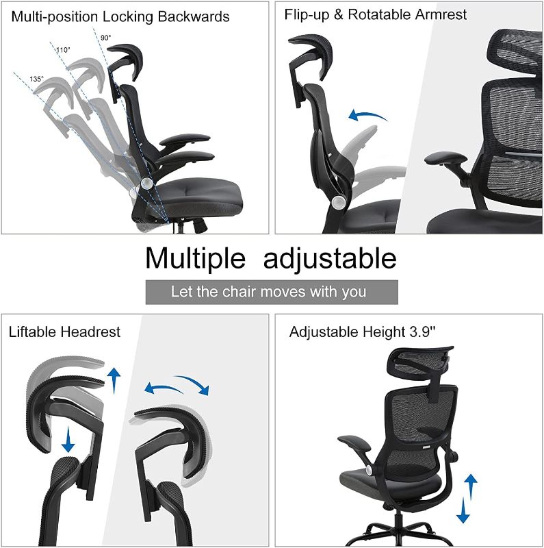 Photo 3 of Office Chair Ergonomic Desk Chair - Leather Cushion Mesh High Back with Lumbar Support Computer Chair, Adjustable Flip Up Arms, Home Office Desk Chair
