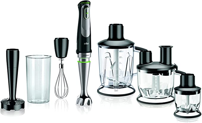 Photo 1 of Braun Multiquick 5-in-1 Immersion Hand, Powerful 700W Stainless Steel Stick Blender, Variable Speed + 6-Cup Food Processor, Ice Crusher, Whisk, Beaker, Masher, 2.7 x 2.7 x 16.1 inches, Black
