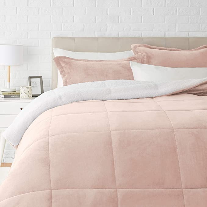 Photo 1 of Amazon Basics Ultra-Soft Micromink Sherpa Comforter Bed Set - Blush, King

