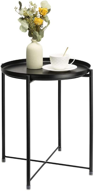 Photo 1 of danpinera Side Table Round Metal, Outdoor Side Table Small Sofa End Table Indoor Accent Table Round Metal Coffee Table Waterproof Removable Tray Table for Living Room Bedroom Balcony Office Black
