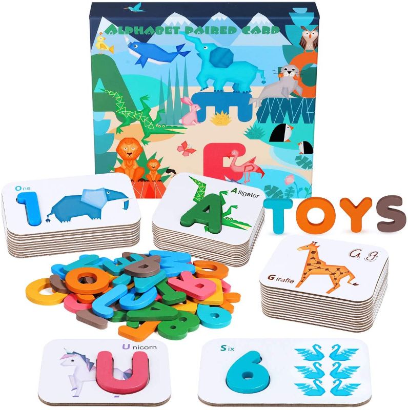 Photo 1 of Apfity Alphabet Numbers Flash Cards for Toddlers 3-6 Years, ABC Learning Toys Wooden Letters and Numbers Animal Card Board Preschool Montessori Educational Toys for Kids Boys Girls
