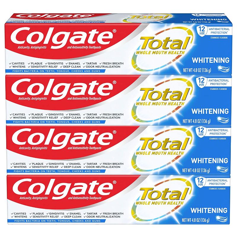 Photo 1 of Colgate Total Whitening Toothpaste Gel with Stannous Fluoride and Zinc, Original, Pack of 4, Whitening Mint, 19.2 Ounce

