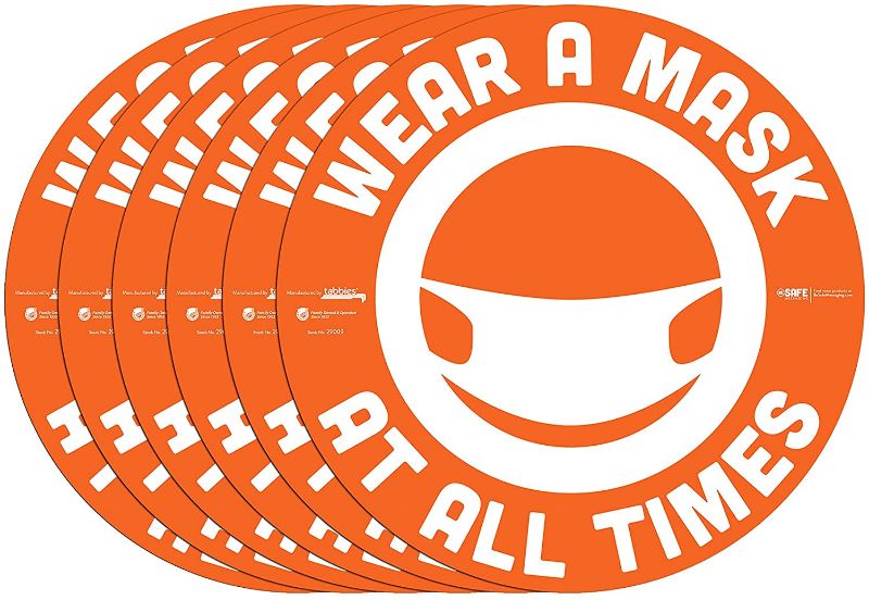 Photo 1 of BeSafe Messaging"Wear A Mask at All Times" 6 Pack, 12" Round, Repositionable Vinyl UL 410 Certified Anti-Slip Floor Sign, Social Distancing Safety Decals
