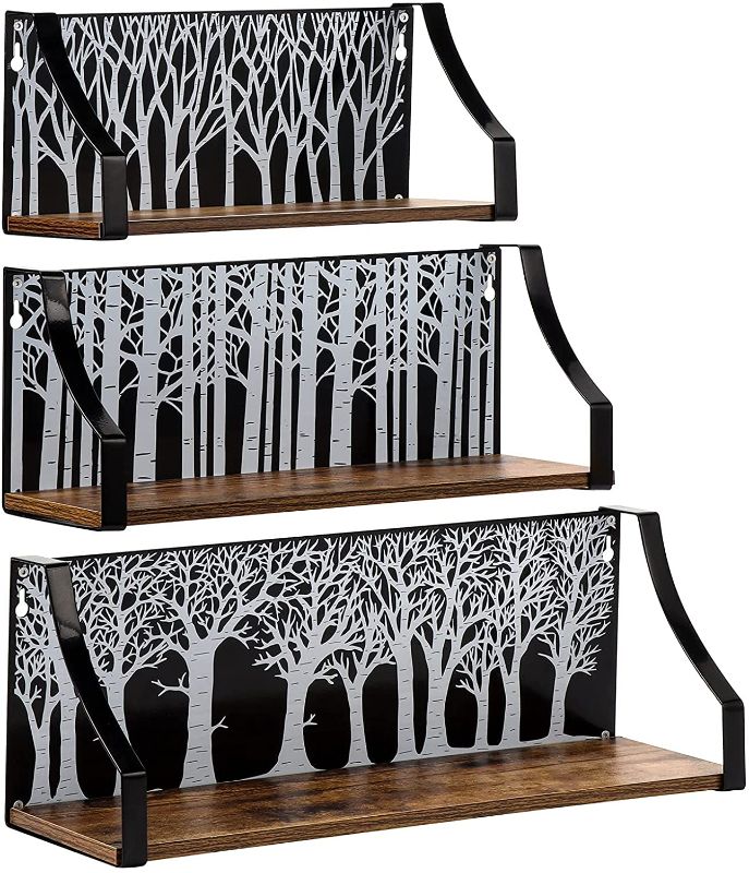 Photo 1 of Calenzana Wall Mounted Floating Shelves with Tree Decor, Set of 3 Rustic Wooden Iron Wall Shelf for Living Room Bathroom Bedroom Kitchen, Black
