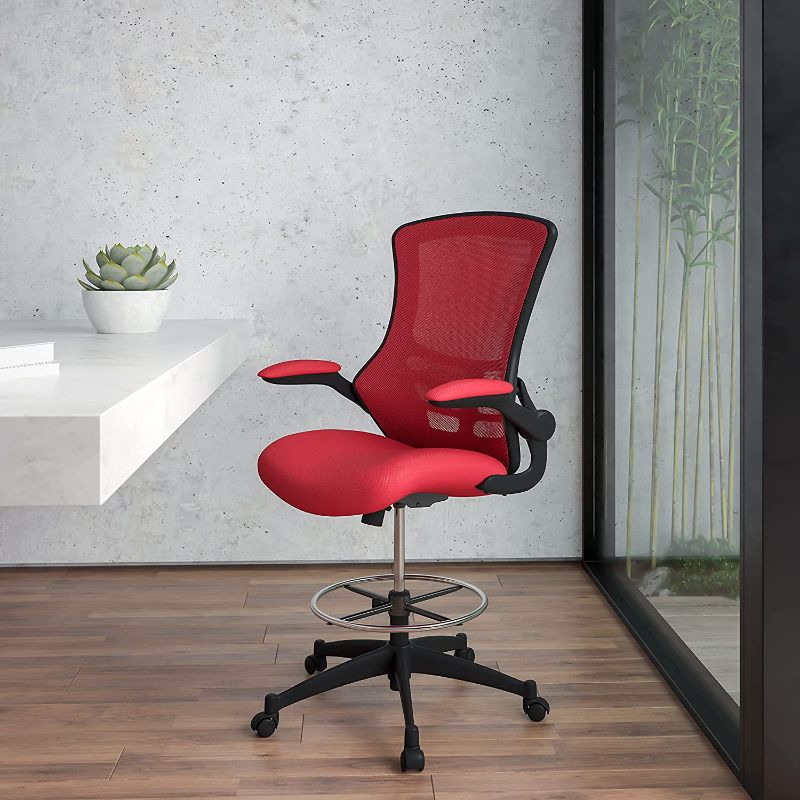 Photo 1 of Flash Furniture Mid-Back Red Mesh Ergonomic Drafting Chair with Adjustable Foot Ring and Flip-Up Arms
