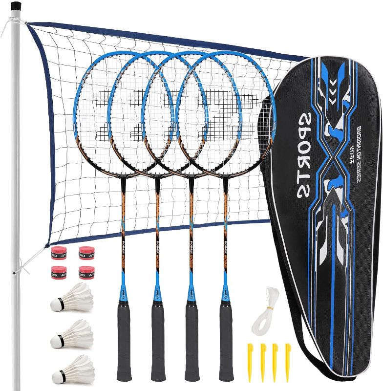 Photo 1 of `Fostoy Badminton Racquets,Lightweight Carbon Fiber Badminton Rackets Set for Adult and Children, Including 4 Rackets, 3 Shuttlecocks, 4 Overgrip and Carry Bag (Blue)
